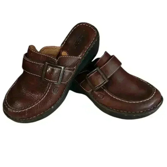 Born Leather Clogs Mules Wedges Womens Size 7/38 Buckle Detail Brown - Picture 1 of 9